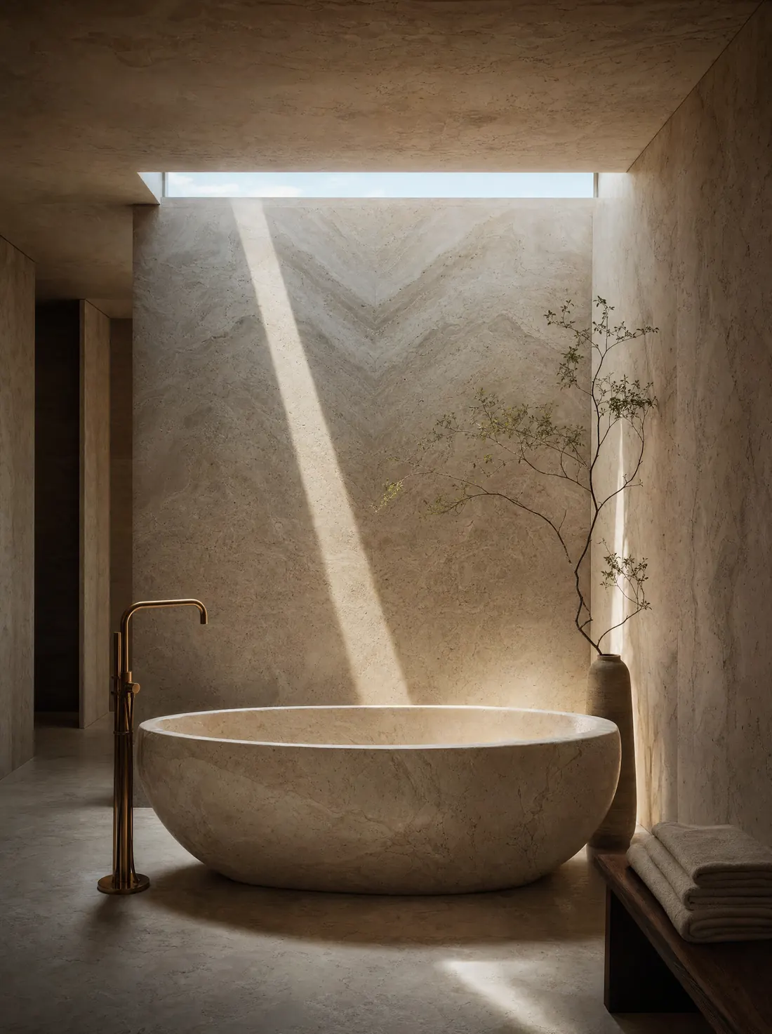 A carved travertine bathtub under a skylight beam, with a brass floor tap.