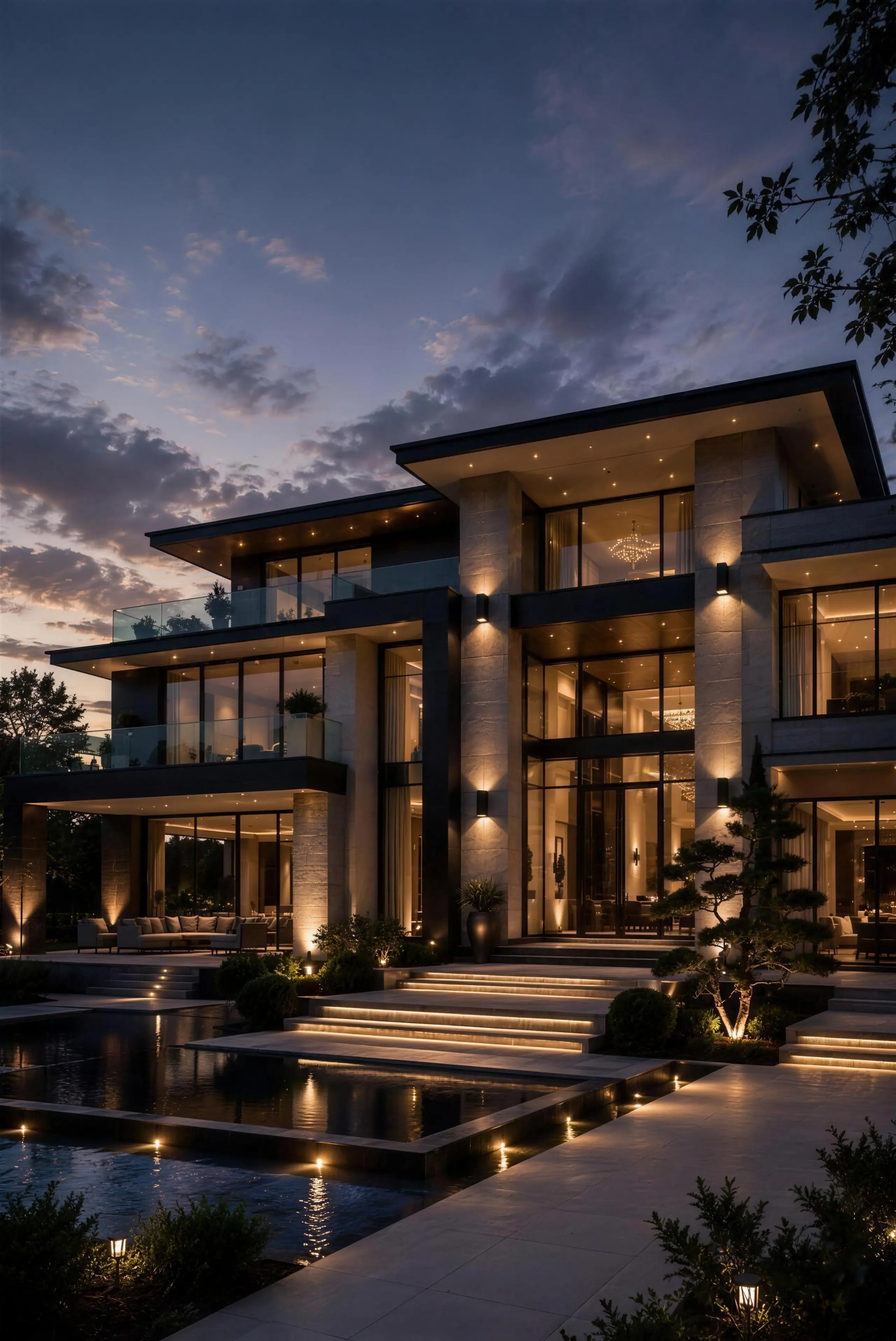 A residence at dusk, every window glowing, its lit stone steps descending to a still pool.
