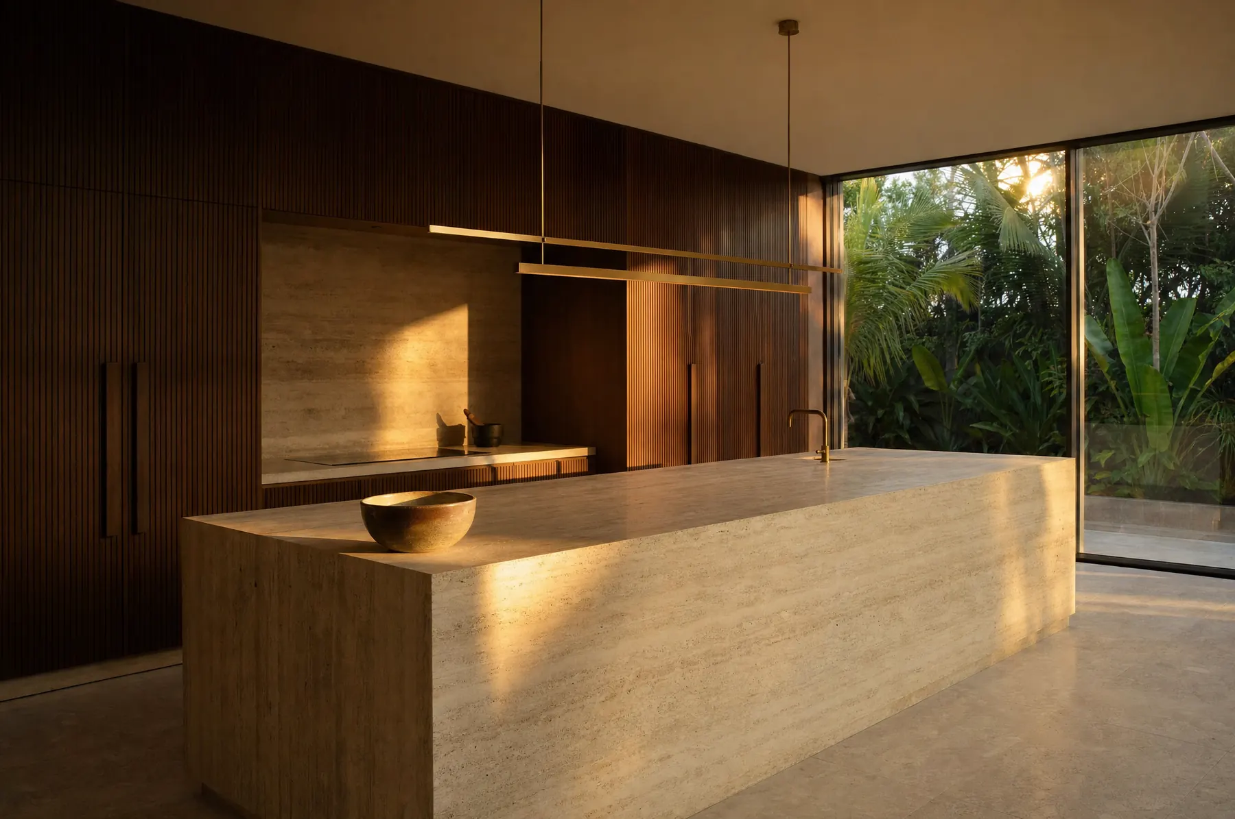 A kitchen with a monolithic travertine island and fluted walnut cabinetry, lit by low golden sunlight from a garden window.