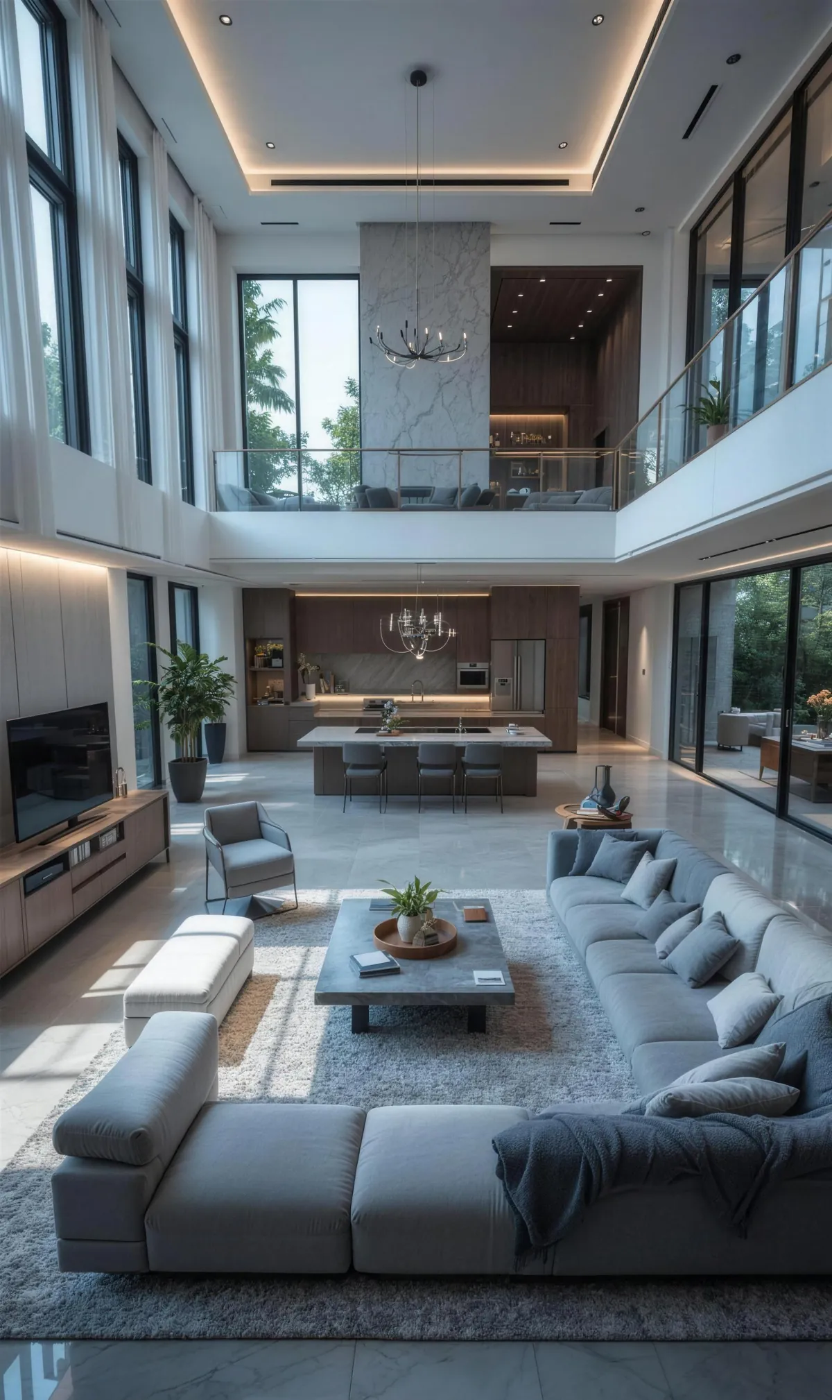 A double-height living room with a long grey sofa, a stone coffee table and an upper gallery behind glass, filled with daylight.