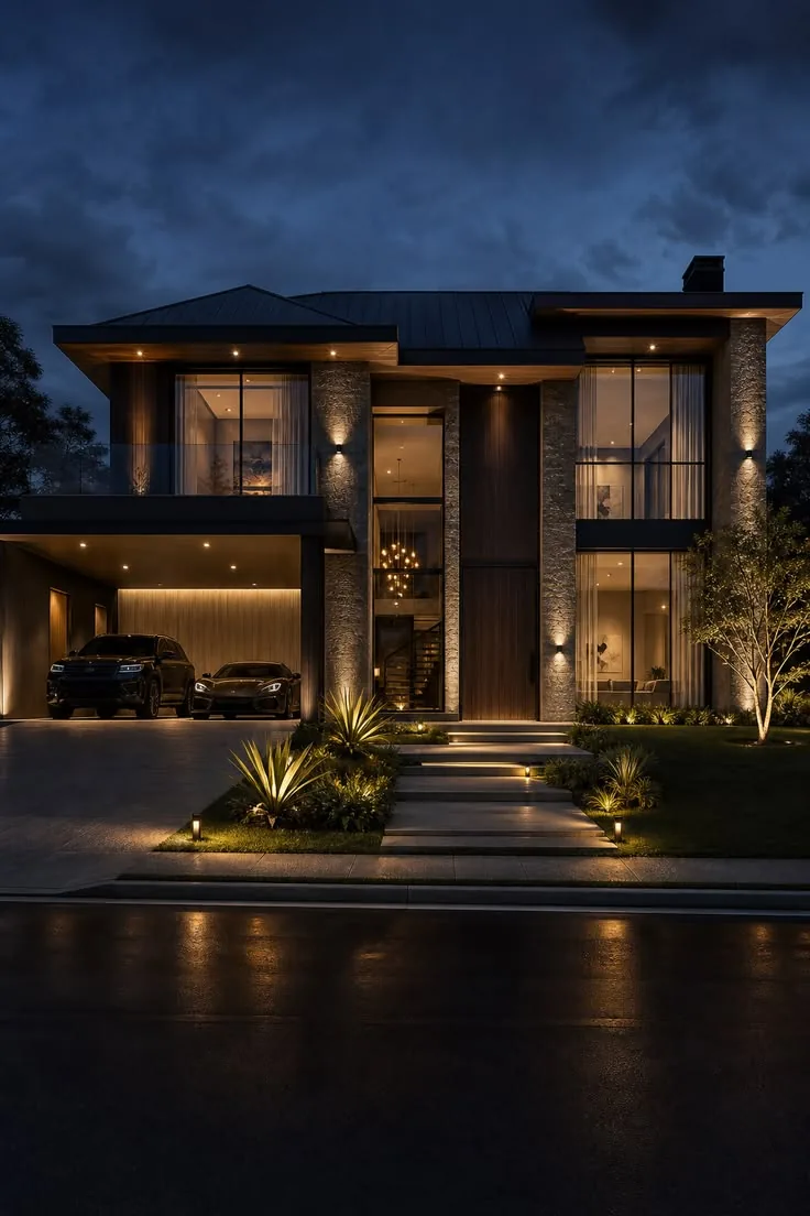 Residence 03 at night: stone piers, walnut cladding and floor-to-ceiling glass.