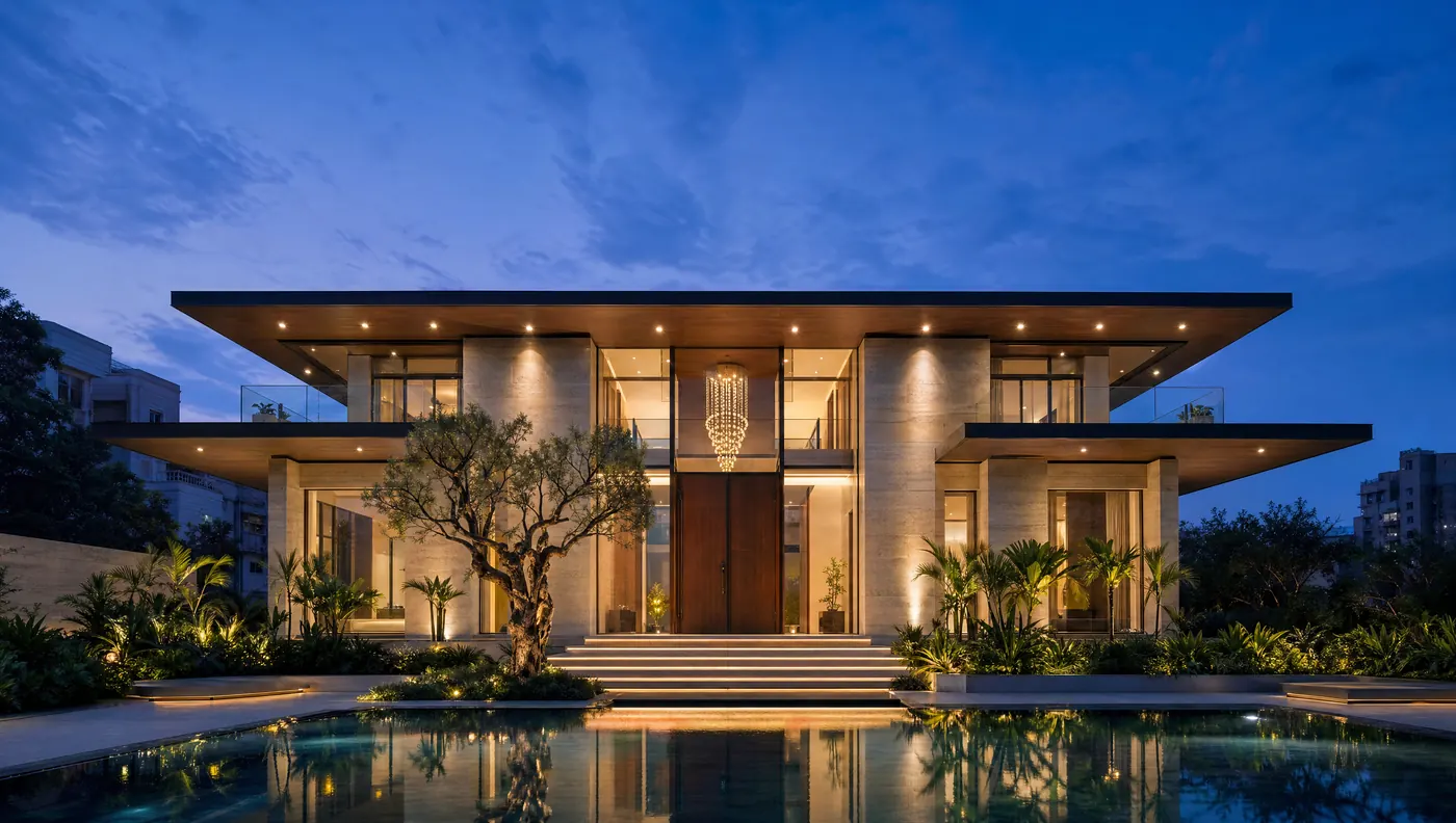 Residence 07 at blue hour: travertine walls, a deep timber roof and a reflecting pool.