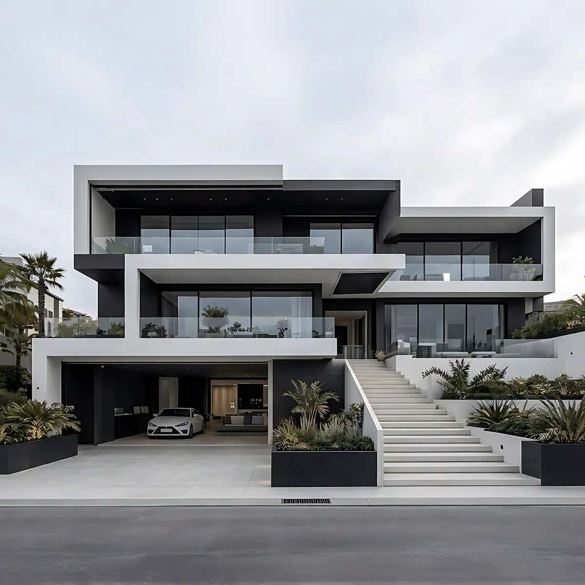 Stacked white and black cantilevered volumes of a contemporary villa with glass balustrades, under an overcast sky.